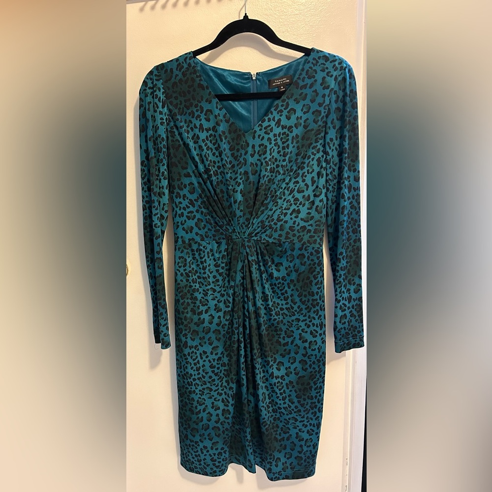 Leopard style “bluish green” and black print dress, Tahari by Arthur S. Levine.